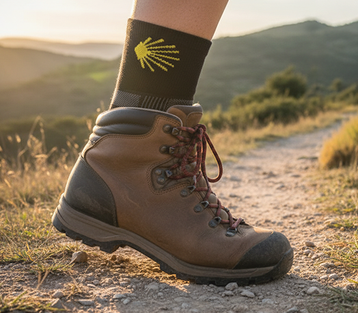 Randonneur sur un sentier de montagne portant des chaussettes de randonnée Wrightsock anti-ampoules.