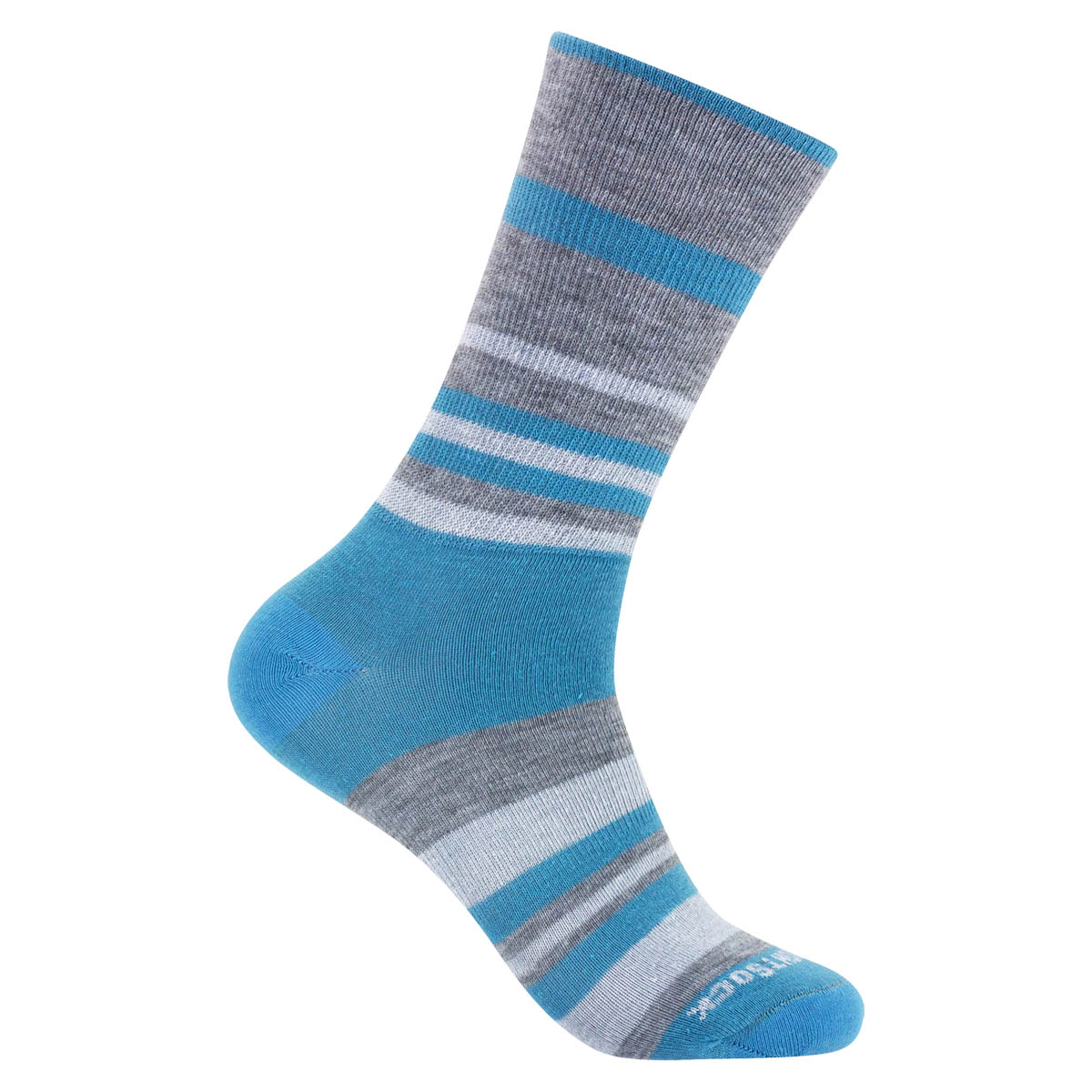 Wrightsock Explore Crew lt blue stripes: ungepolsterte, leichte, wadenhohe Trekkingsocke mit dichterer Webart und Anti-Blasen-System in Farbe light blau streifen