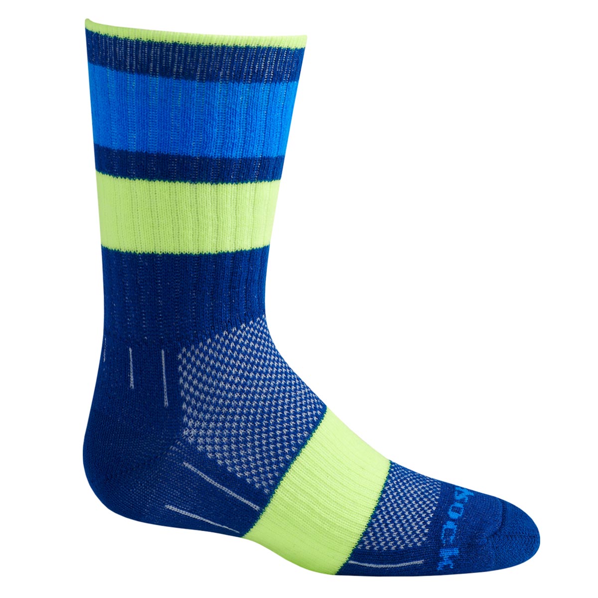 Wrightsock Escape Kids Crew blue stripes: mitteldicke, wadenhohe Kinder-Wandersocke und Anti-Blasen-System in Farbe blau streifen