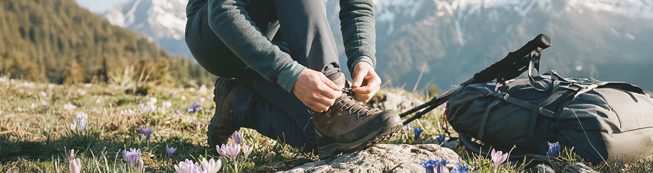Randonneur sur un sentier de montagne portant des chaussettes de randonnée Wrightsock anti-ampoules.