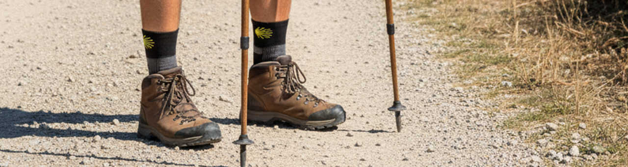 Randonneur sur un sentier de montagne portant des chaussettes de randonnée Wrightsock anti-ampoules.