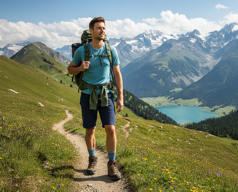 Bergsteiger in den Alpen mit Wrightsock Wandersocken für trockene Füsse und Anti-Blasen-Schutz