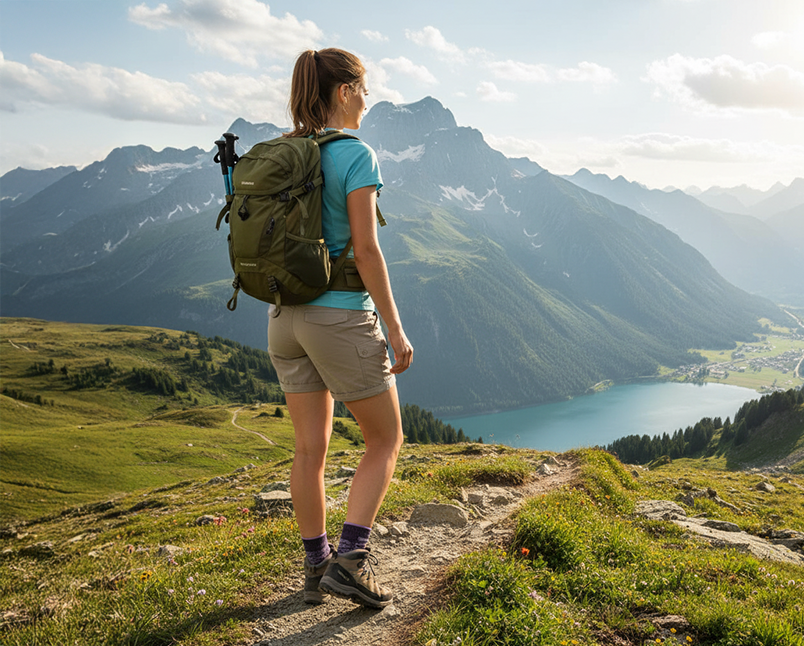 Randonneur sur un sentier de montagne portant des chaussettes de randonnée Wrightsock anti-ampoules.